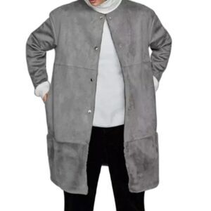 Zara Gray Vegan Suede & Fur Contrast Longline Long Button Jacket Coat Size S